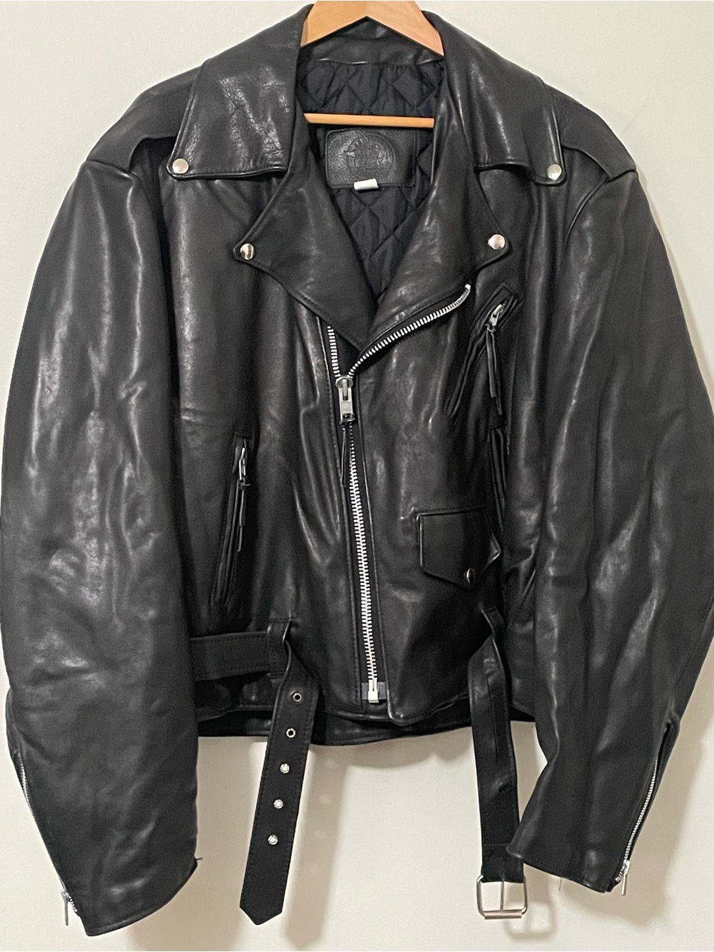 Vtg Heavy Duty Leather Co Biker Jacket Made in USA Black Moto Belted Rider L